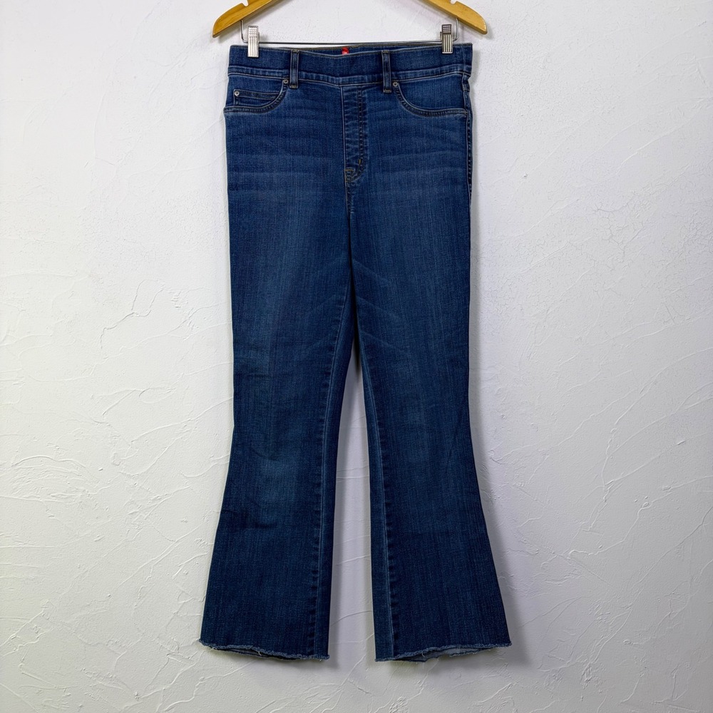 Spanx Flare Jeans Women Size Medium Tall Vintage Indigo Raw Hem Pull On Denim